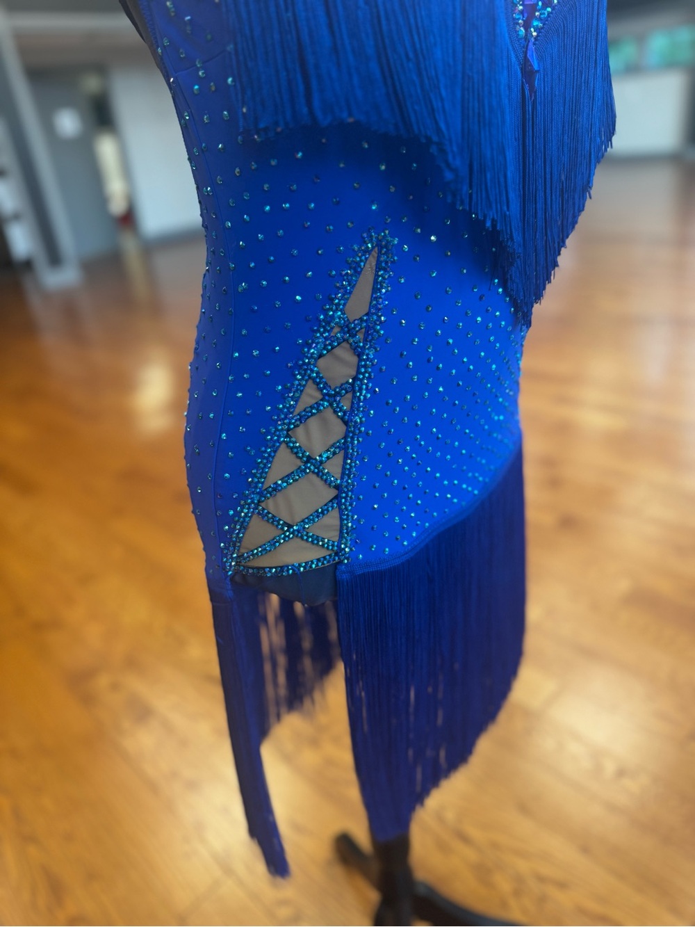Blue Fringe Latin Dance Dress with Rhinestone Accents - Picture 4 of 7